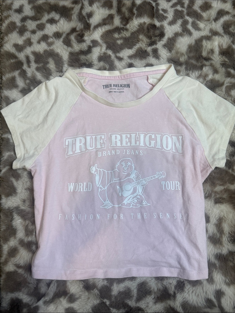 True Religion Pink and Cream Raglan Logo Tee